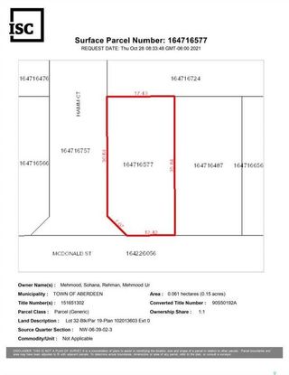 Photo 1: 137 McDonald Street South in Aberdeen: Lot/Land for sale : MLS®# SK914872