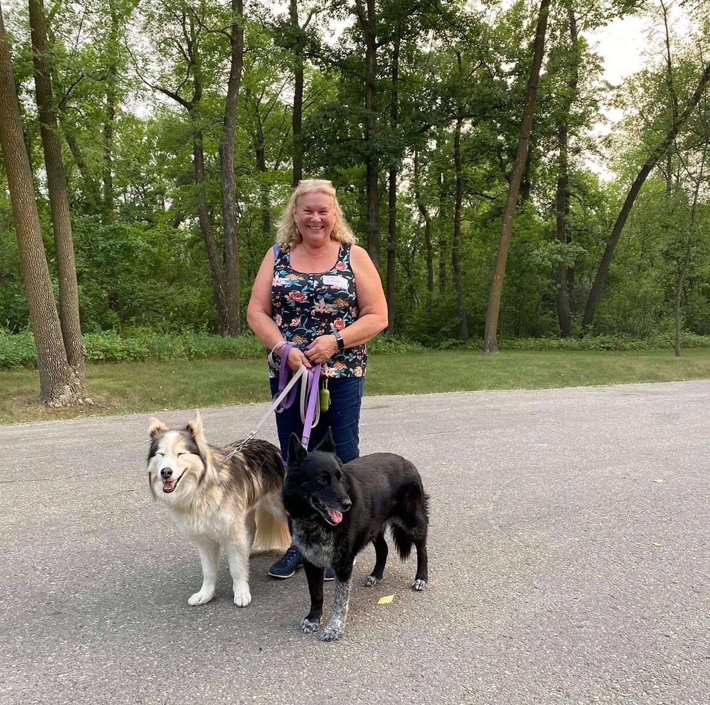 Me and my girls, Sugar and Clover, at St. Vital Park on a group dog walk with Woofs n' Wags