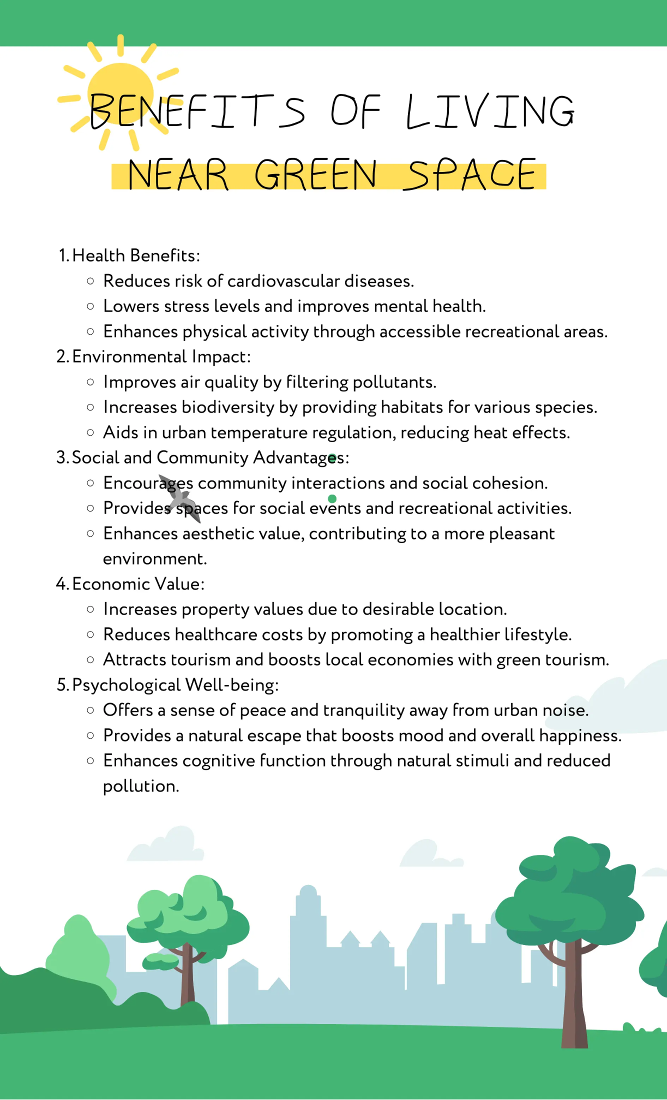 Infographic illustrating the benefits of Regina homes for sale backing green spaces. Highlights include health benefits such as reduced risk of cardiovascular diseases, improved mental health, and increased physical activity. Environmental impacts cover better air quality, increased biodiversity, and urban temperature control. Social advantages mention community interaction and aesthetic values, while economic impacts include higher property values and tourism boost. Psychological well-being benefits from tranquility, mood enhancement, and cognitive function improvement.