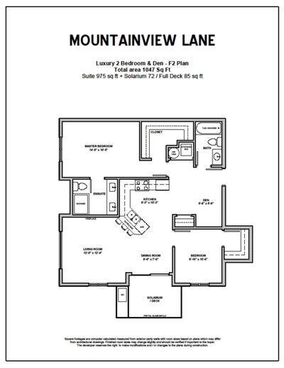 F2 Plan - Luxury 2 Bedroom + Den | 1047 sq.ft.